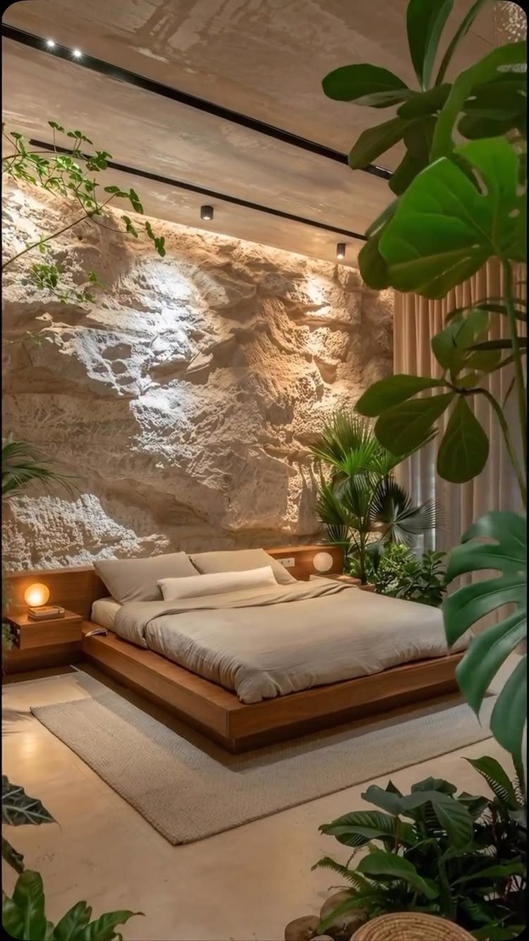 A low wooden platform bed sits against a large, textured natural stone accent wall in a lush bedroom.