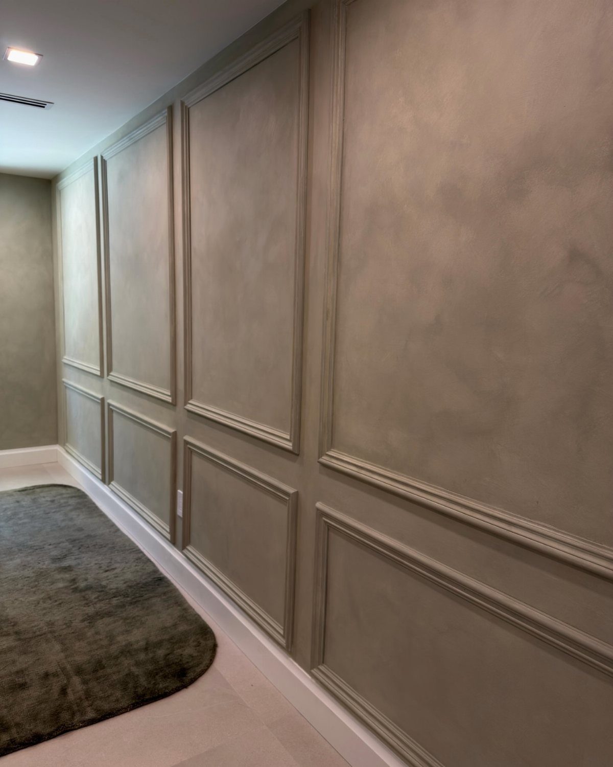 Textured beige accent wall with decorative picture frame molding and a dark grey rug on the floor.