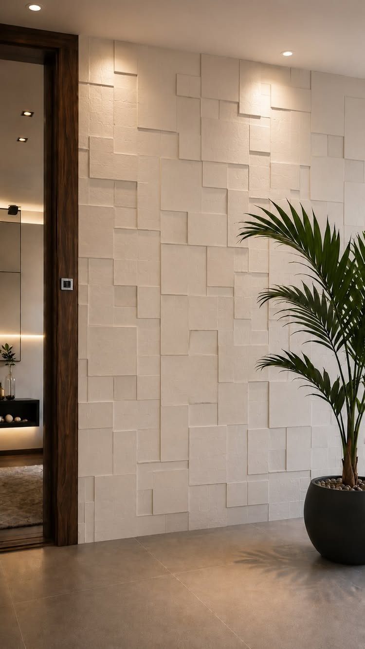 White 3D textured wall with geometric rectangular patterns and a potted palm plant.