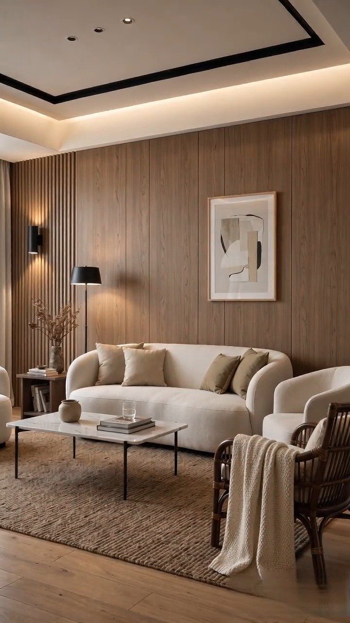 Wood-paneled accent wall in a modern living room with a white sofa and coffee table.