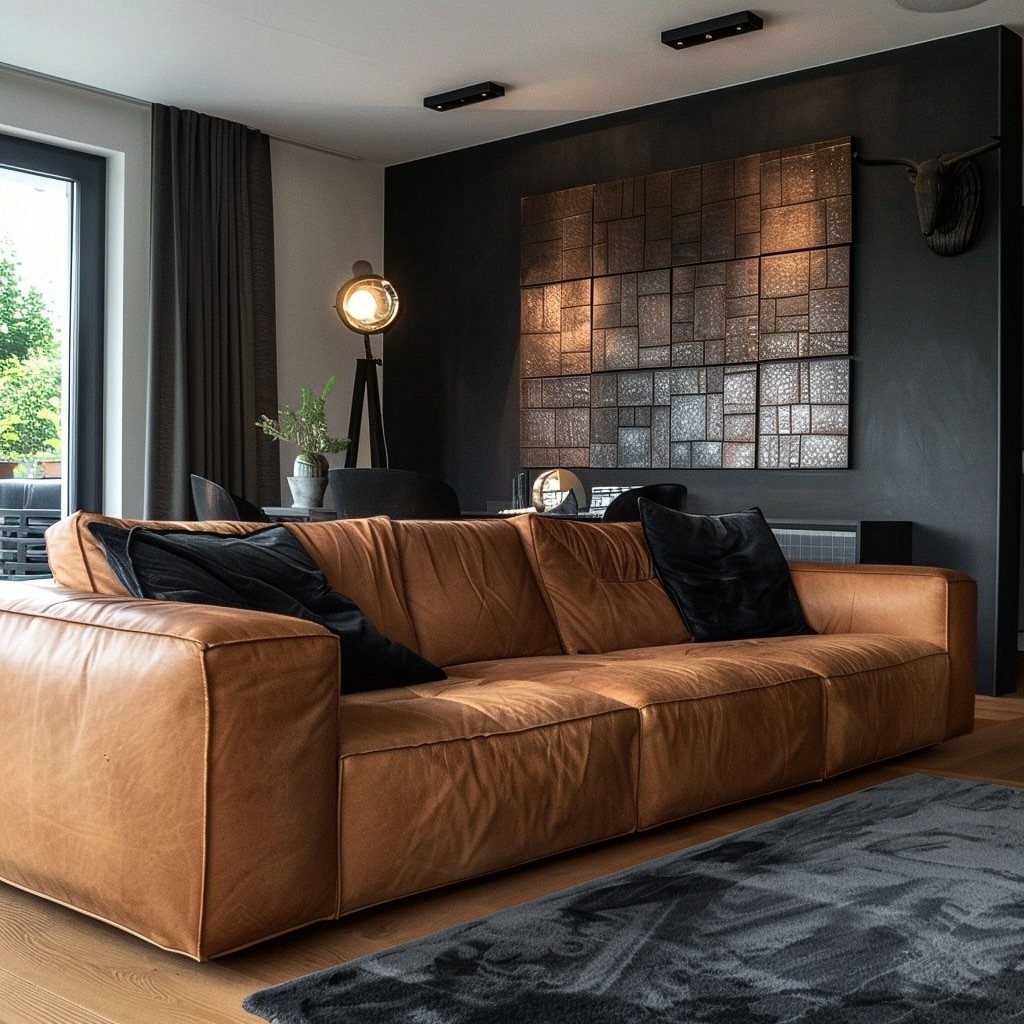 Tan leather sofa in a living room with a dark accent wall and metallic grid art.