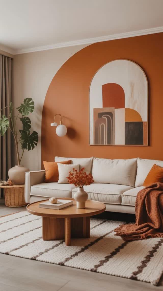 Terracotta arched painted accent wall behind a cream sofa in a modern living room.