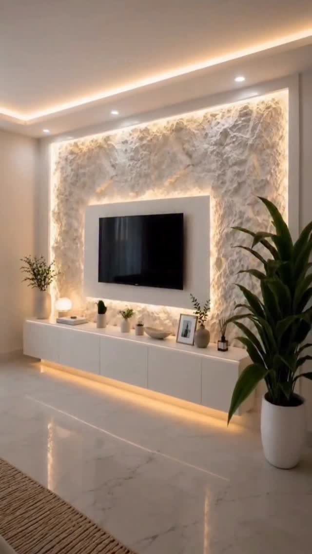 Textured white stone accent wall with integrated LED lighting behind a television in a modern living room.