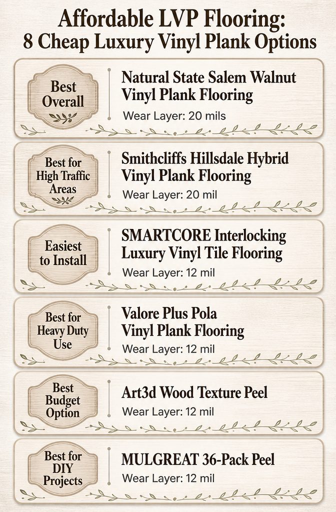 Infographic comparing different affordable luxury vinyl plank flooring options