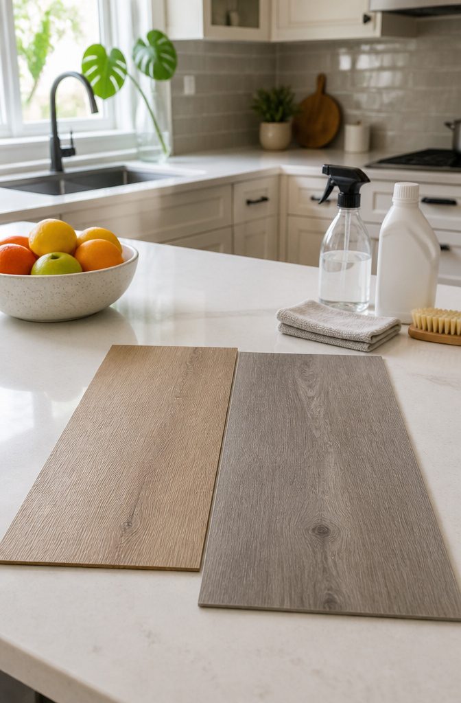 Close-up of luxury vinyl plank flooring with a focus on wear layer thickness