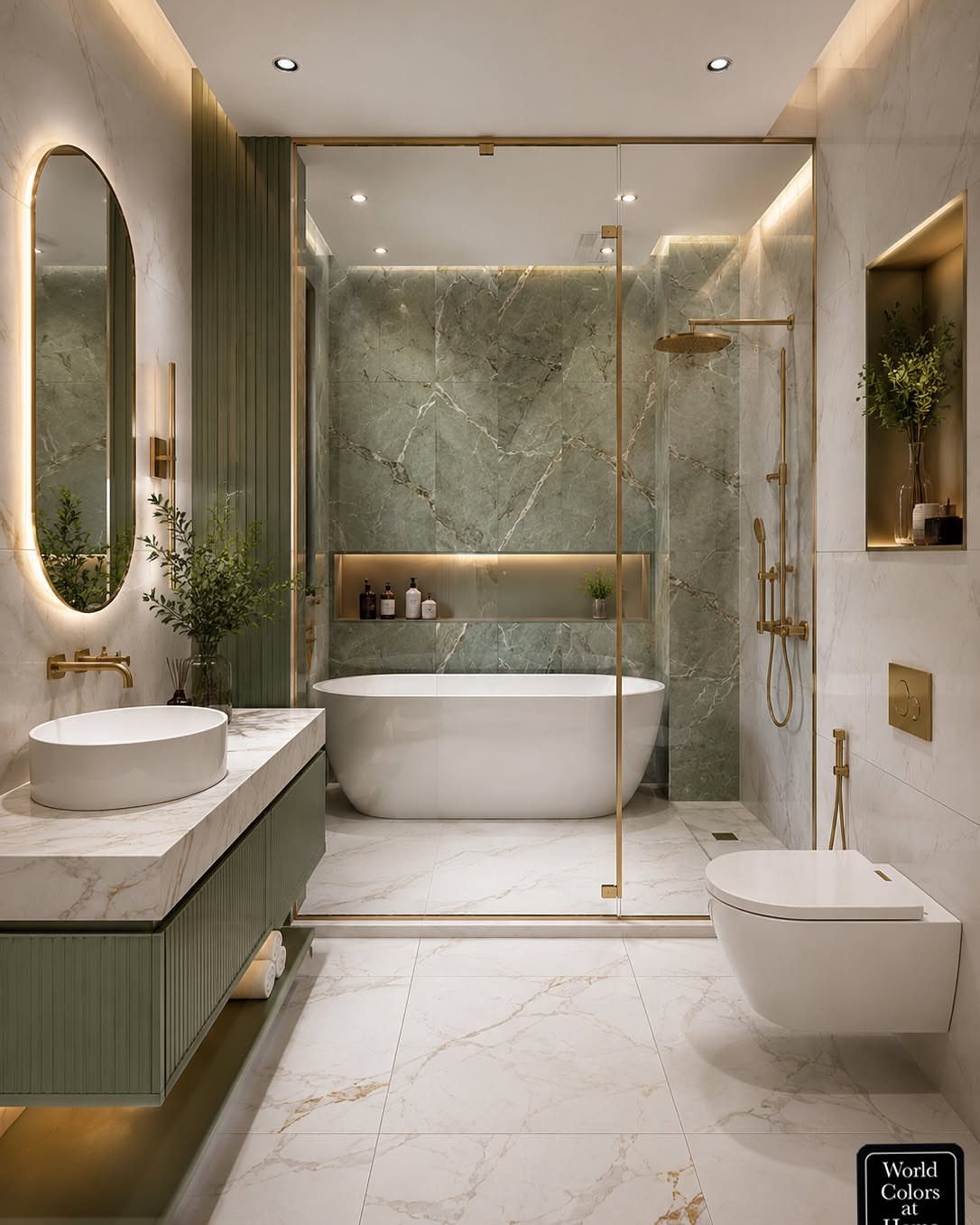White freestanding bathtub positioned against a green marble tile accent wall in a modern bathroom.
