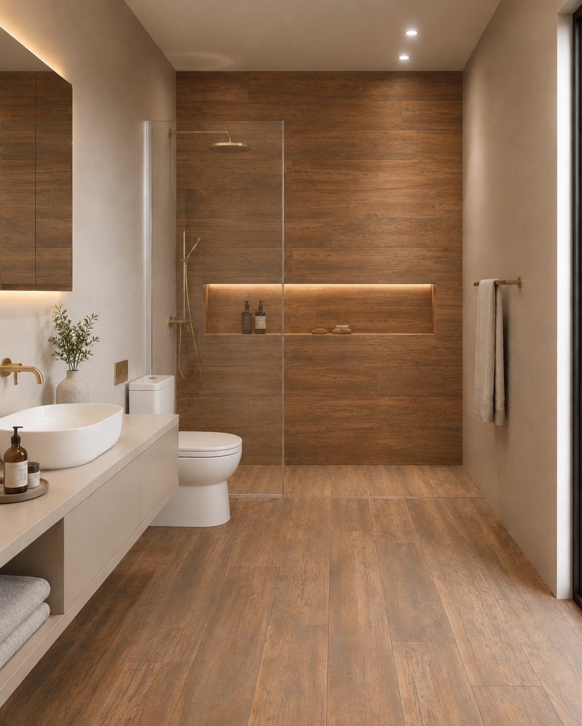 Modern bathroom with wood look tiles on the floor and a large wood textured accent wall.