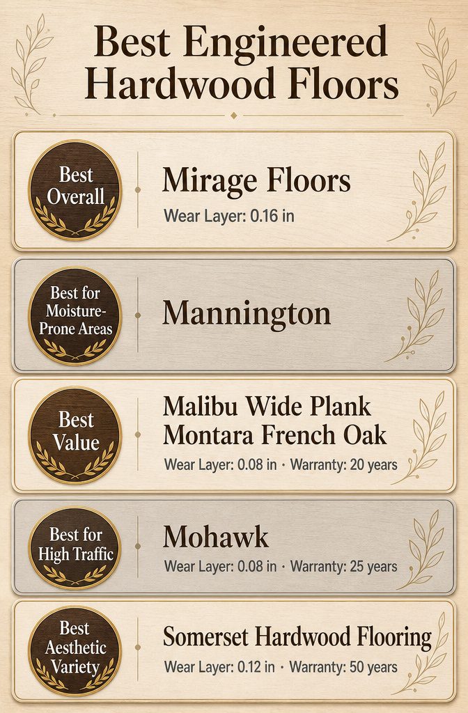 5 Best Engineered Hardwood Floors for 2026 4 Infographic comparing different engineered hardwood floor products