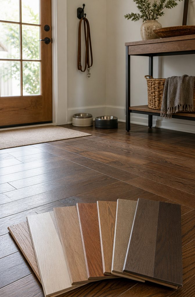Elegant entryway with hardwood flooring and a decorative rug