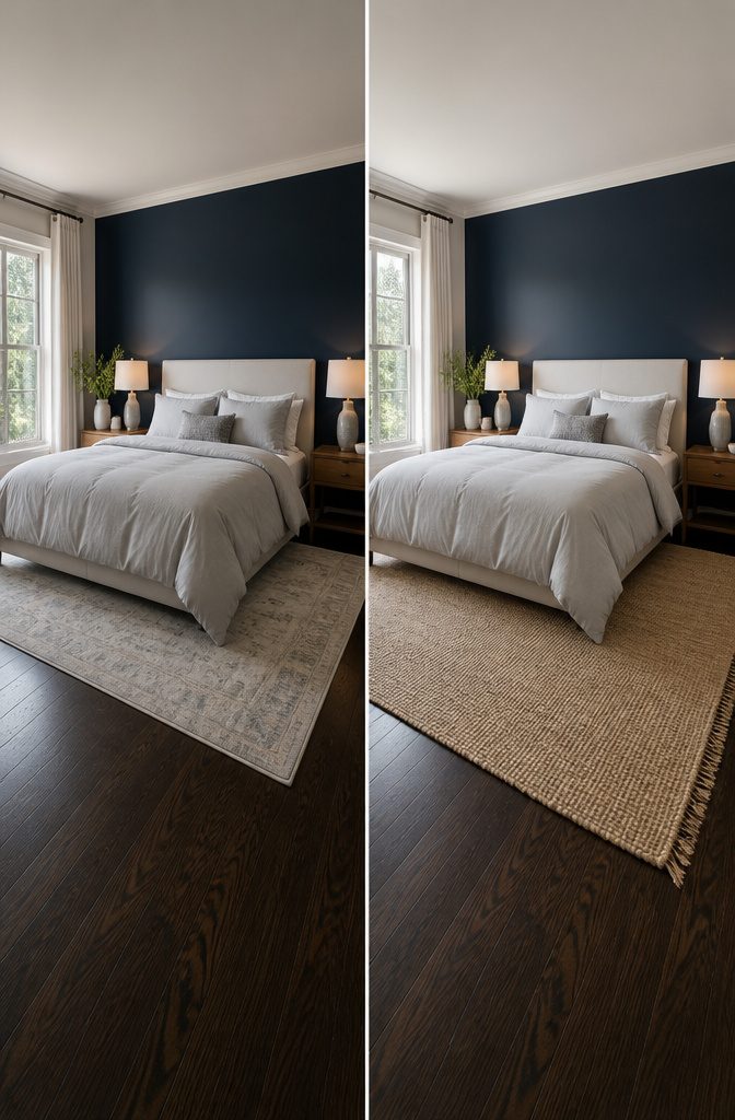 An accent wall strategy for dark wood floors in a stylish room.
