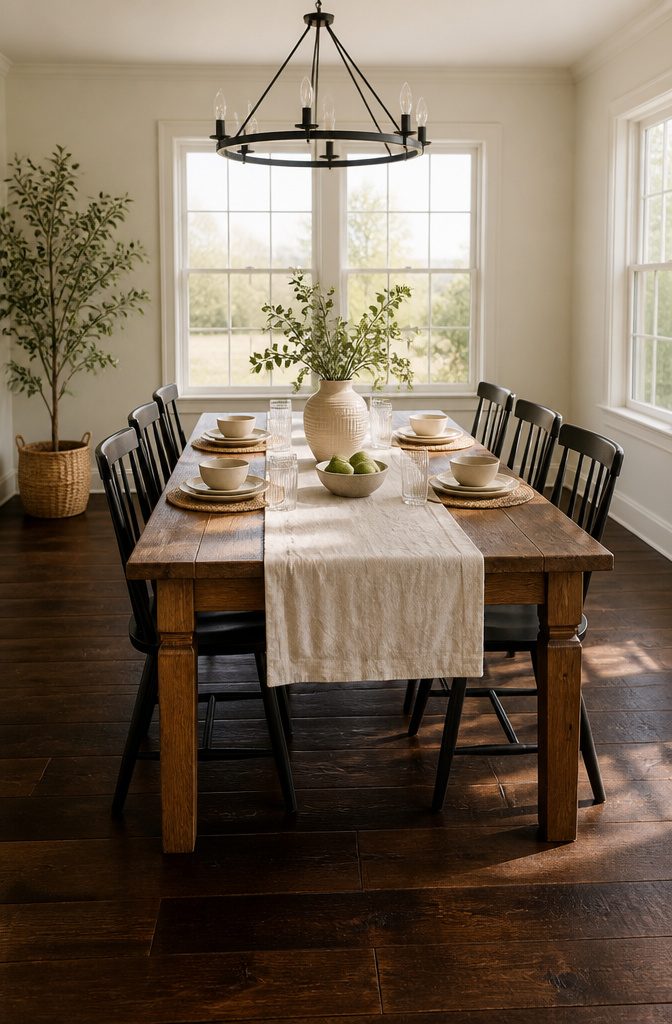 Dining area featuring Alabaster walls and rich espresso wood flooring.