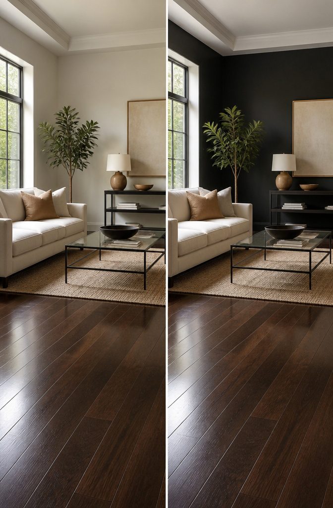 Black walls contrasting with dark wood floors in a well-lit space.