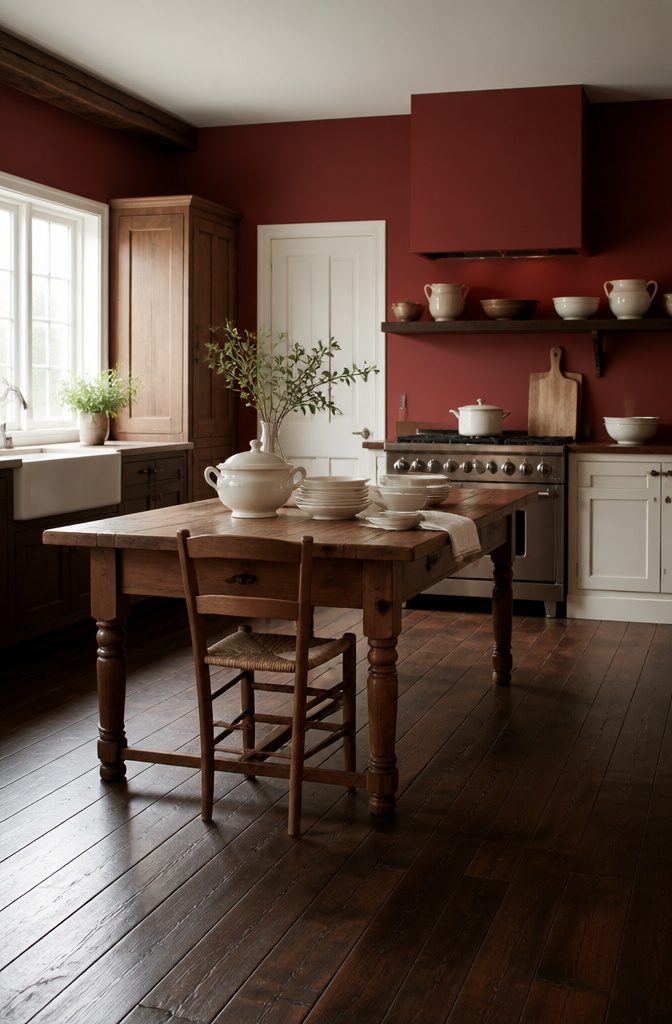 Cranberry Cocktail walls paired with dark wood floors in a kitchen.