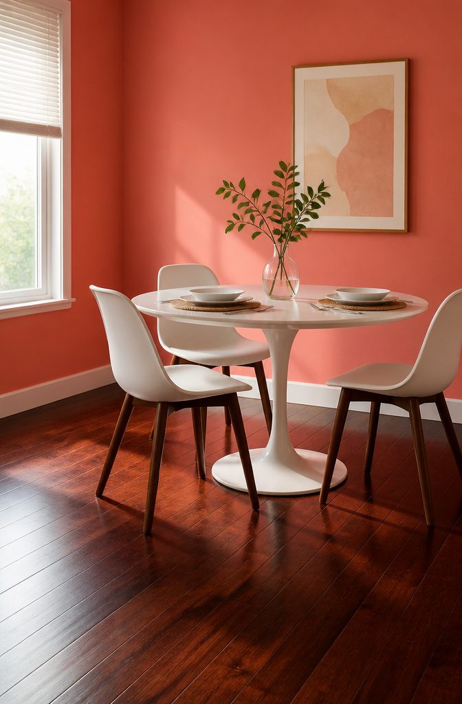 Coral Spice walls paired with dark wood floors in a stylish interior.