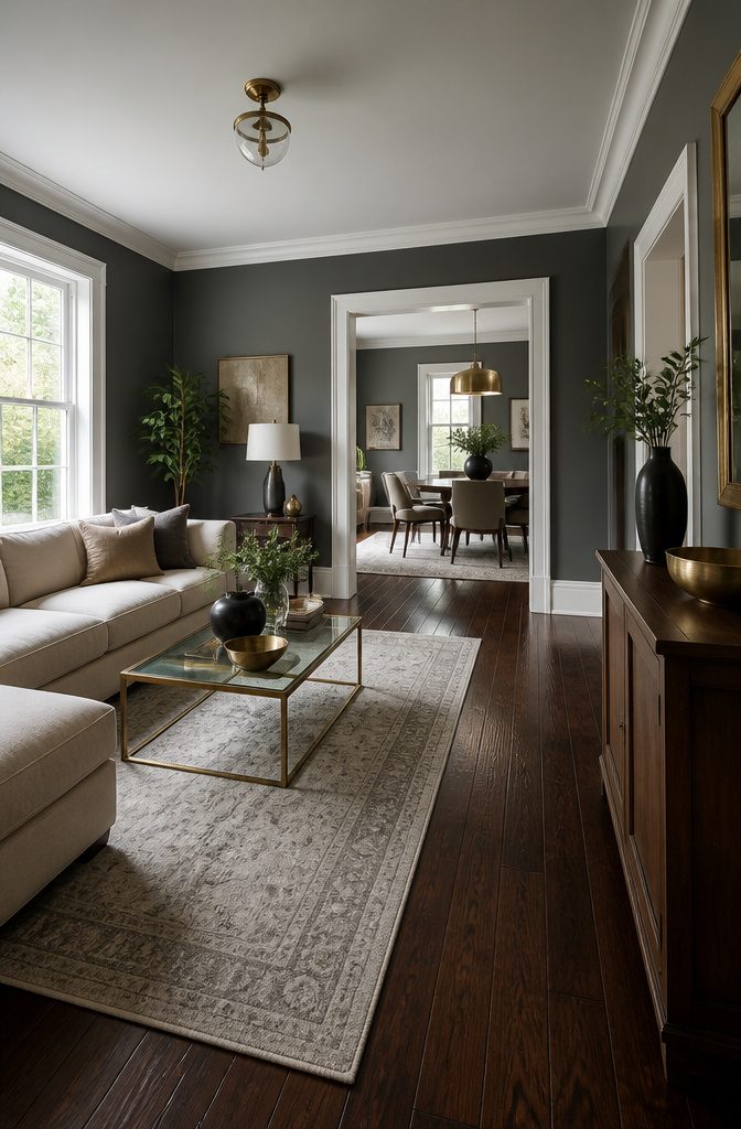 Chelsea Gray walls contrasting with dark wood floors in a stylish setting.