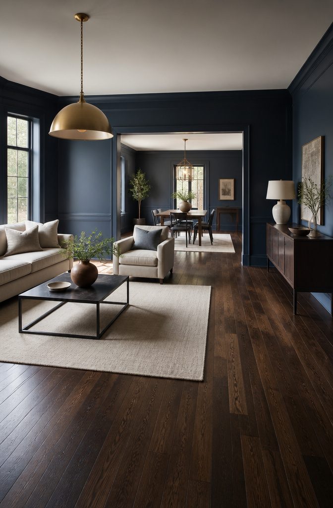 Hale Navy walls contrasting with dark wood floors, enhancing the space.