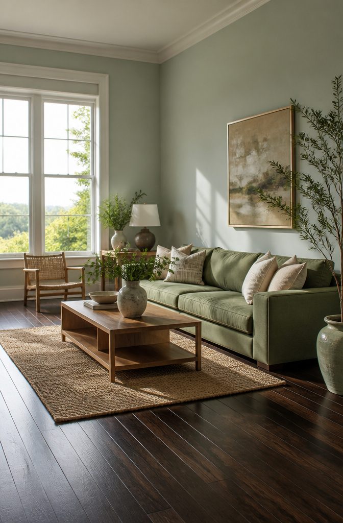 Sea Salt walls harmonizing with dark mahogany wood flooring in a cozy room.
