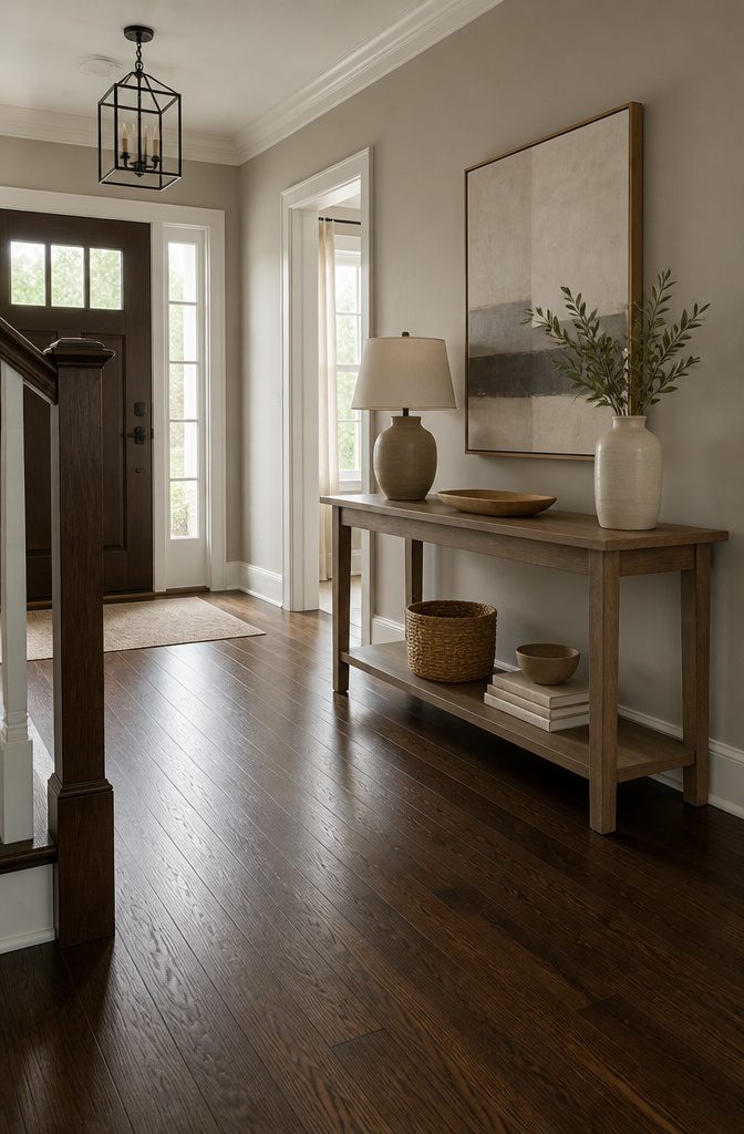 Revere Pewter walls complementing dark oak wood floors in a foyer.