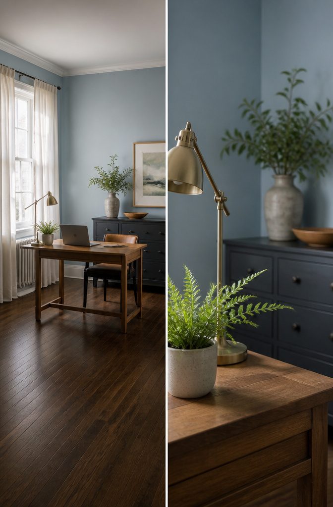 Light blue walls elegantly paired with dark wood flooring in a room.