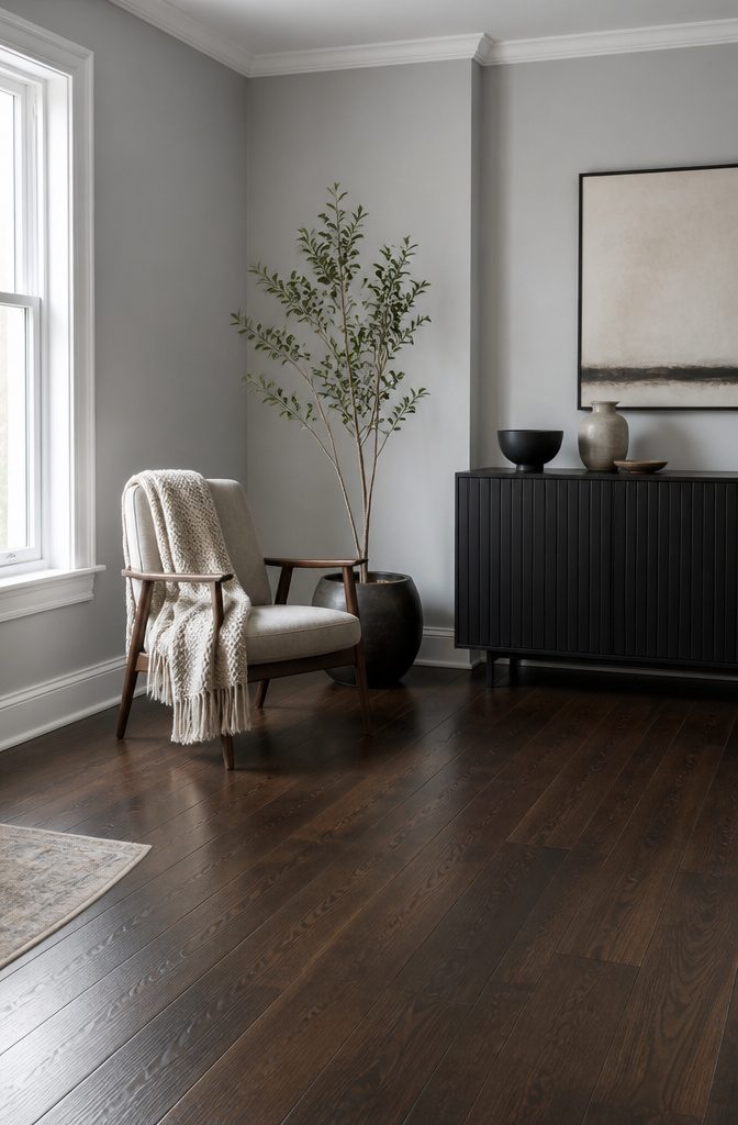 Light gray walls paired with deep walnut wood floors in a cozy corner.