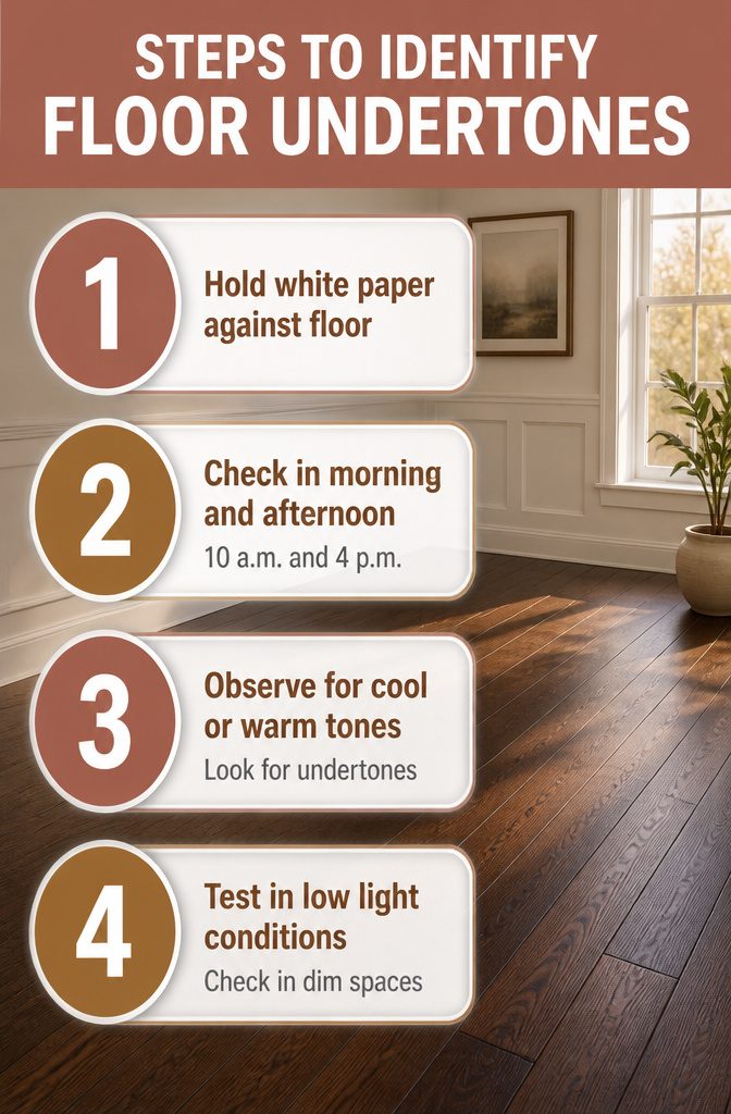 Steps to identify floor undertones for color matching in a home.