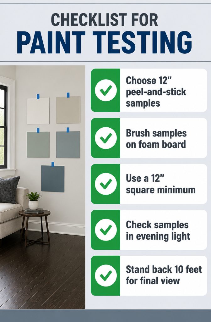 Checklist for testing paint colors on dark wood floors before committing.