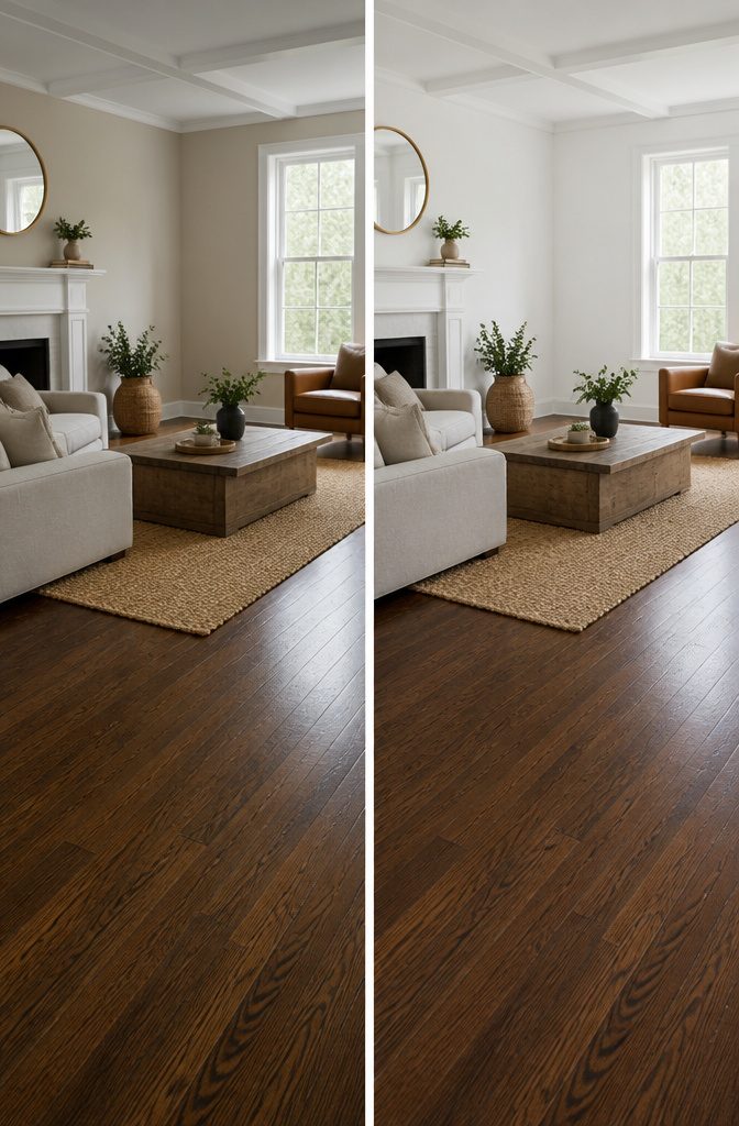 White walls contrasting with dark wood floors in a well-lit room.