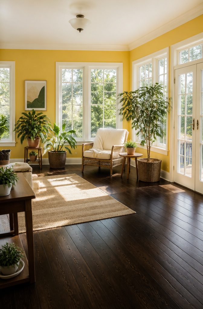 Mustard yellow walls contrasting with dark walnut wood floors in a sunroom.