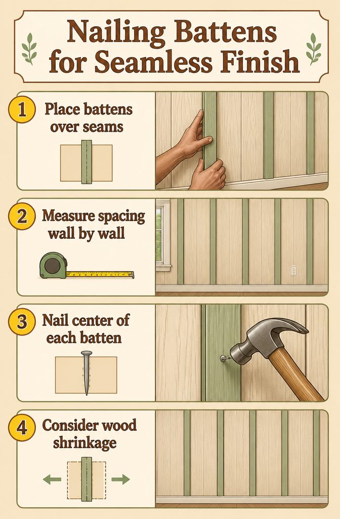 Board and Batten: Materials, Methods, and Design Options 6 Battens being nailed over vertical board seams in installation.