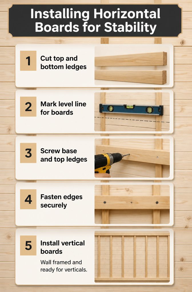 Board and Batten: Materials, Methods, and Design Options 4 Horizontal boards being installed for board and batten structure.