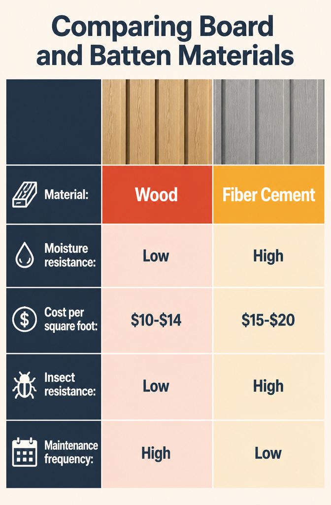 Board and Batten: Materials, Methods, and Design Options 2 Chart comparing wood, fiber cement, and vinyl for board and batten.