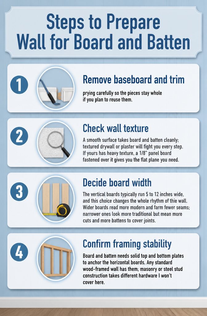 Board and Batten: Materials, Methods, and Design Options 3 Image showing preparation steps for wall before board and batten.