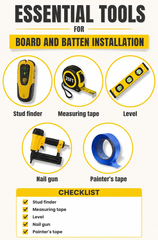 Board and Batten: Materials, Methods, and Design Options 11 Tools needed for board and batten installation, including level and tape measure.