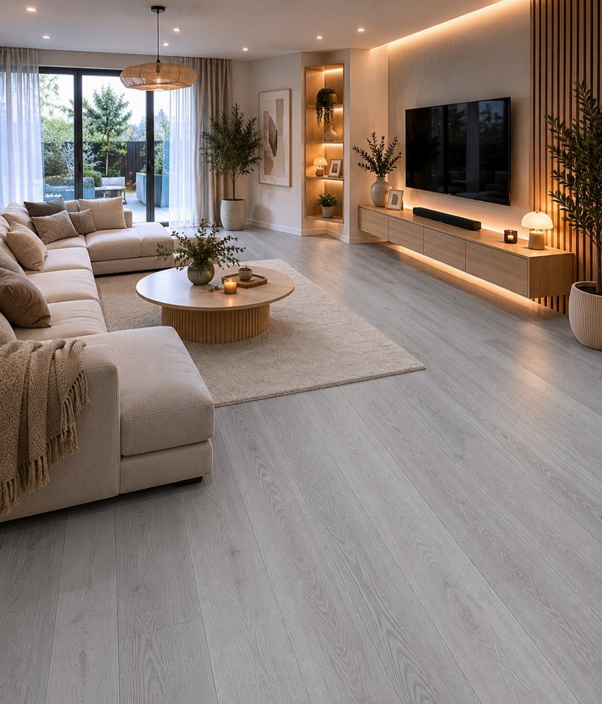 Cool Tone Wood Floors: 6 Mix-and-Match Ideas for Modern Matches 1 Light gray wood plank flooring in a modern, brightly lit living room setting.