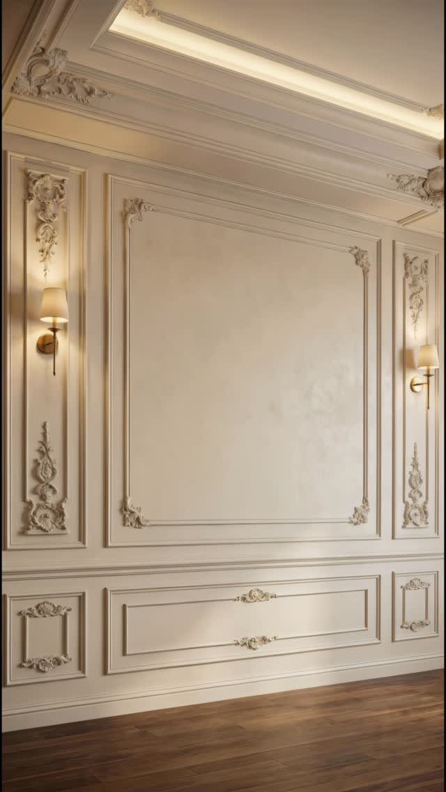 Decorative Wall Molding: 7 Panel Styles for Every Room 5 Ornate cream wall molding with decorative floral carvings and warm wall sconces lighting the panels.