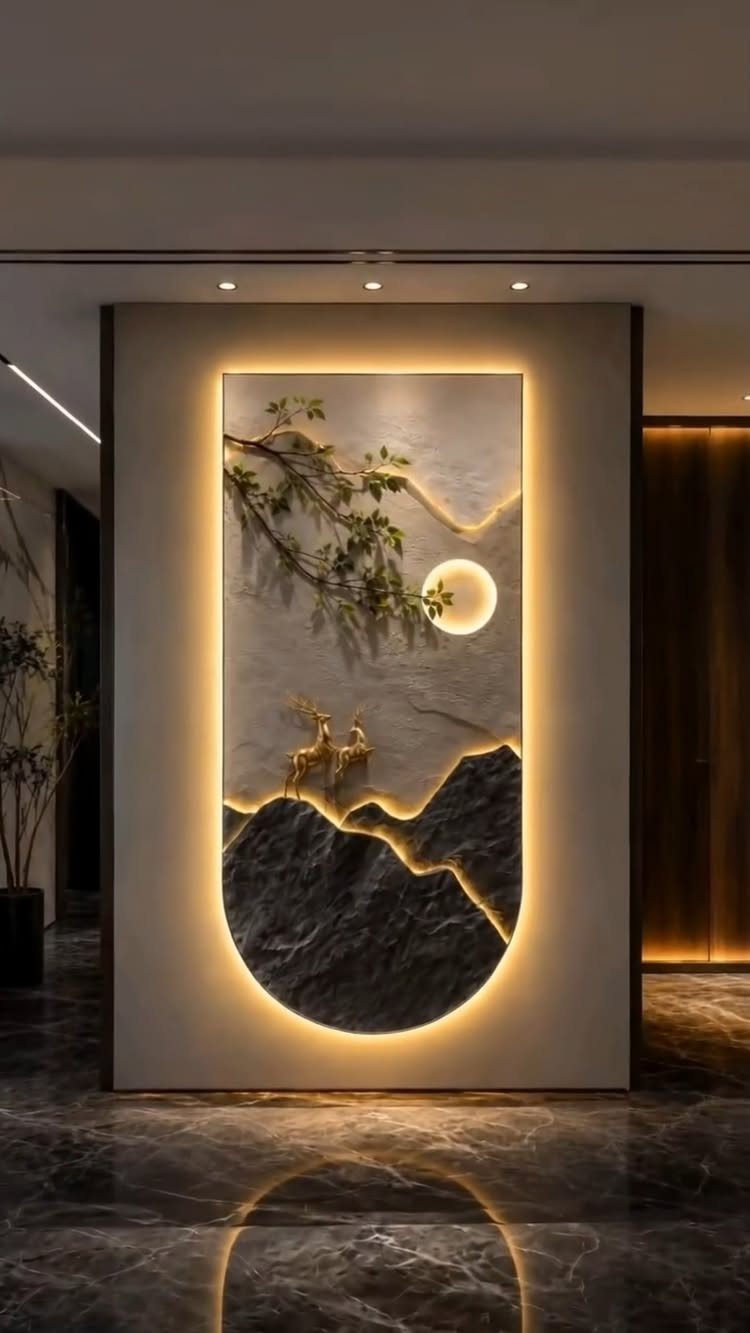 15 Feature Wall Ideas That Rely on Material, Not Just Color 6 Backlit landscape art piece with a moon and mountains mounted on a modern wall.