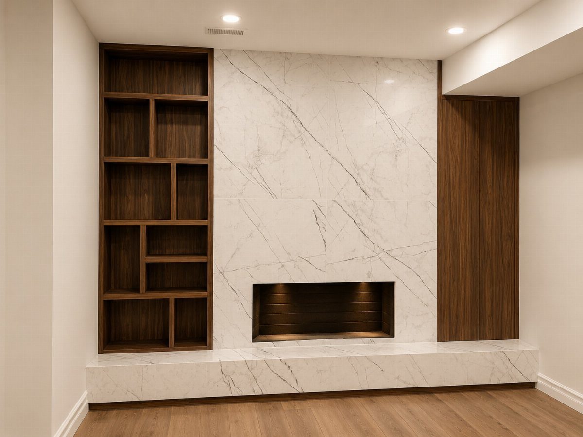15 Feature Wall Ideas That Rely on Material, Not Just Color 9 Modern marble fireplace wall with dark wood shelving and a matching marble hearth.