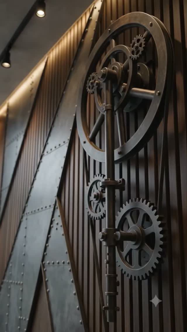 15 Feature Wall Ideas That Rely on Material, Not Just Color 8 Industrial metal wall featuring large gears, cogs, and riveted plates in a dark steampunk style.