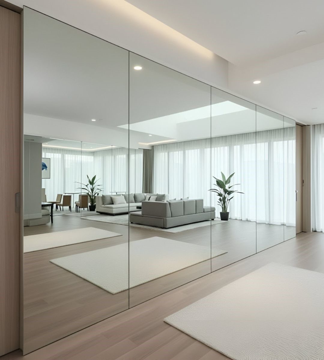 15 Feature Wall Ideas That Rely on Material, Not Just Color 15 Large floor-to-ceiling mirrored panels reflecting a modern living room with sofas and plants.