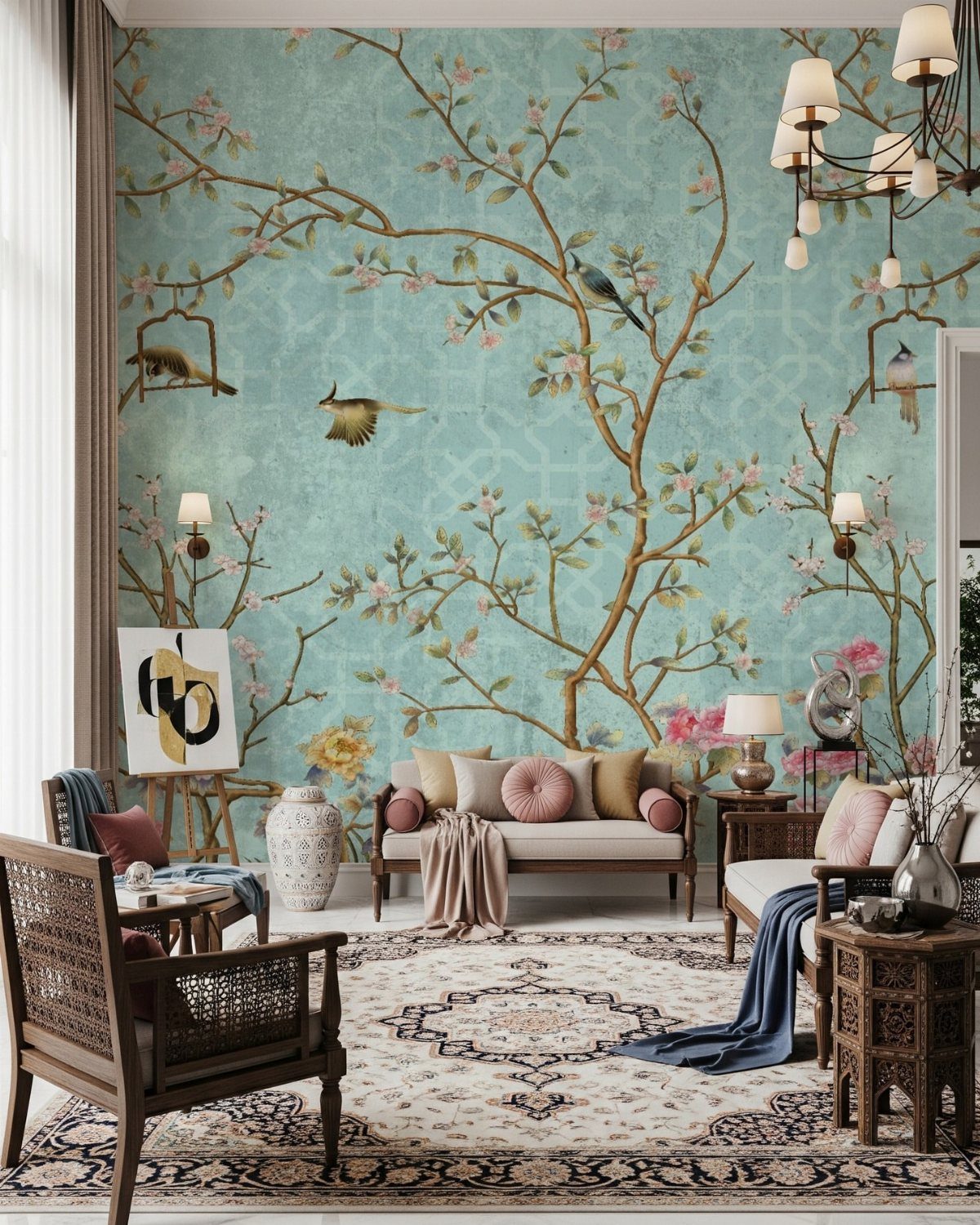 15 Feature Wall Ideas That Rely on Material, Not Just Color 2 Living room with a large teal wall mural depicting flowering branches and birds.