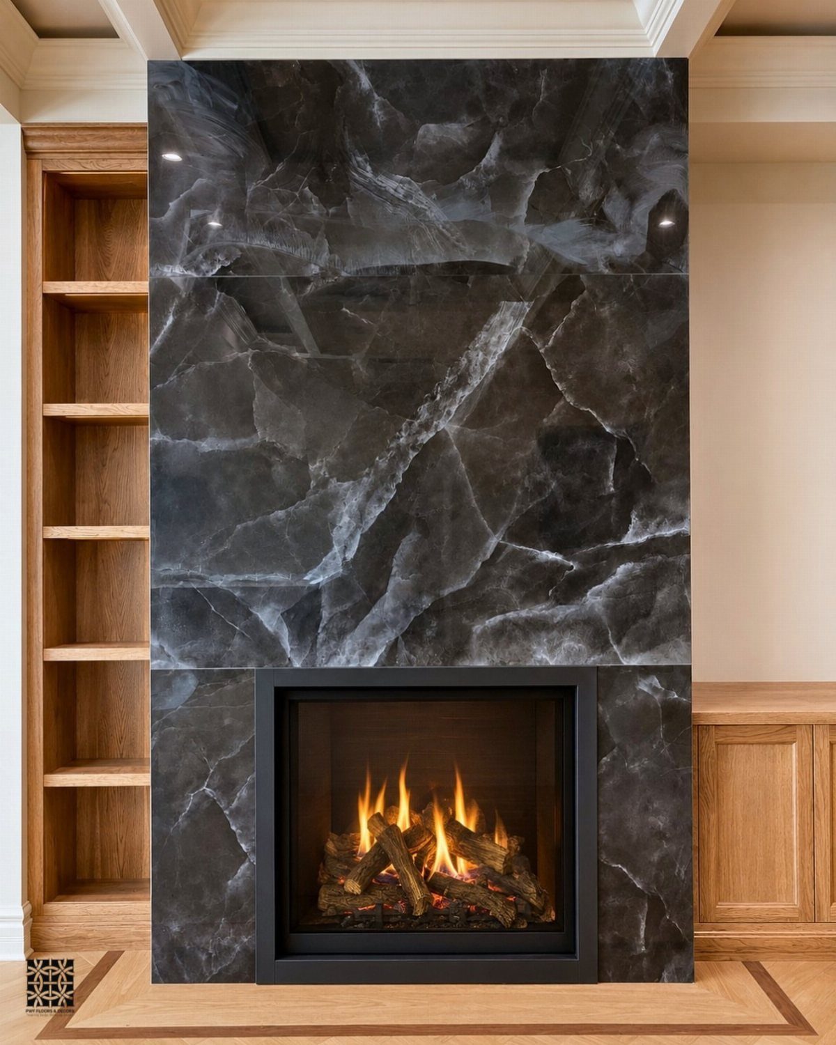 15 Feature Wall Ideas That Rely on Material, Not Just Color 5 A modern fireplace with a dark marble stone surround and glowing fire logs.