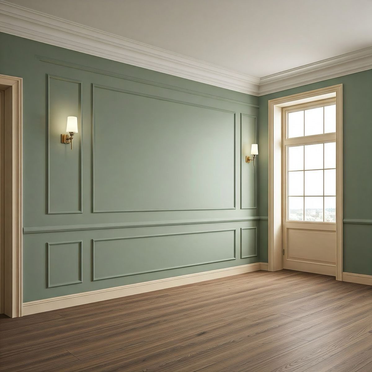 Sage green walls decorated with elegant rectangular molding and white crown molding in an empty room.