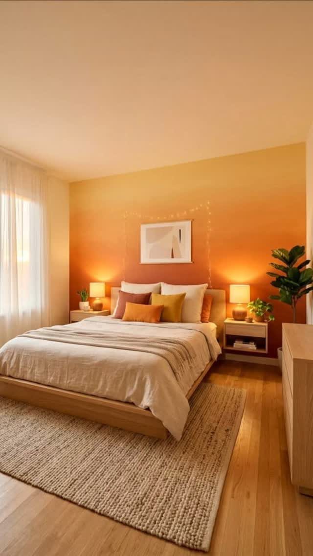 A bedroom with a bed and an orange ombré gradient accent wall.