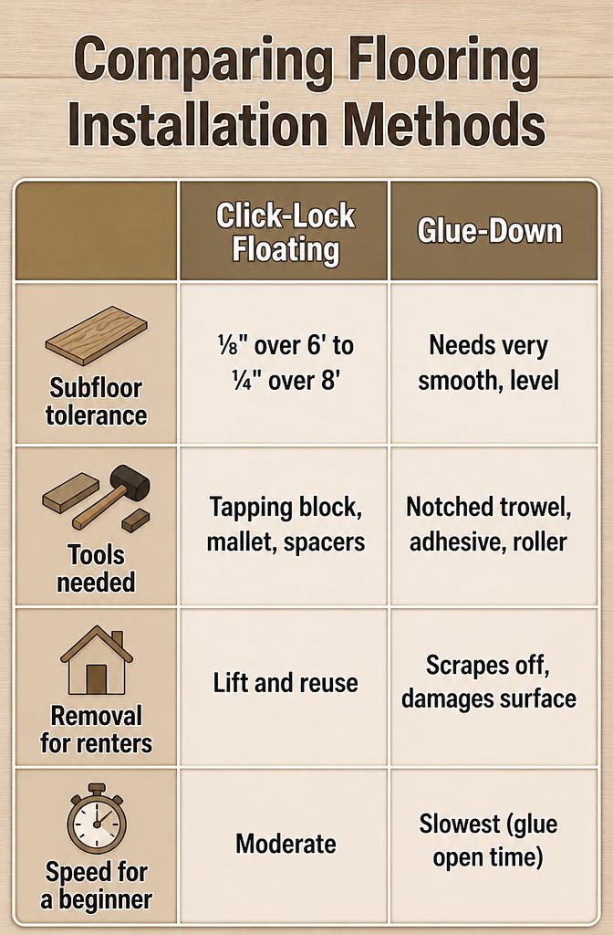 How to Install LVP Flooring: 11 Steps from Acclimation to Final Touches 12 Chart comparing click-lock, glue-down, and self-adhesive methods.