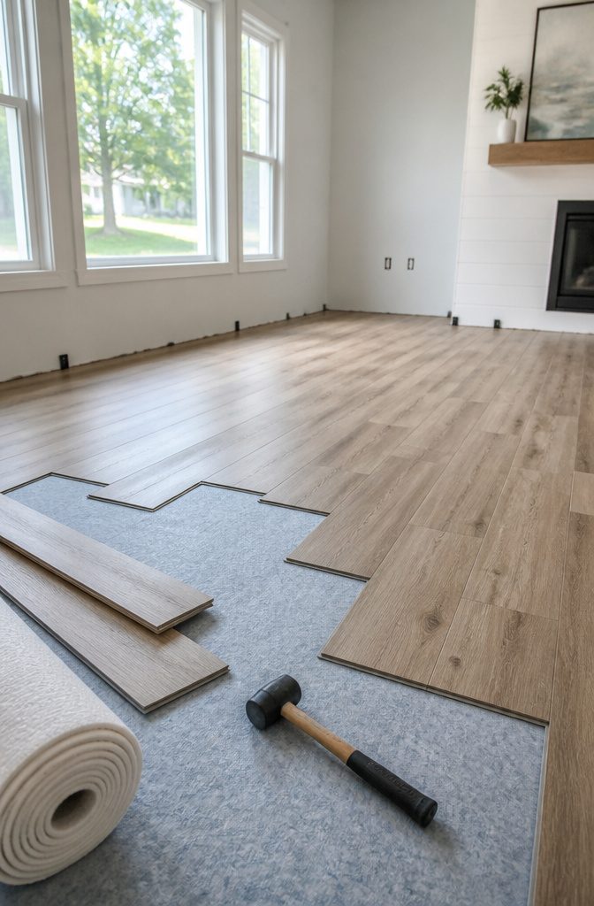 How to Install LVP Flooring: 11 Steps from Acclimation to Final Touches 8 Multiple rows of staggered vinyl planks in progress.