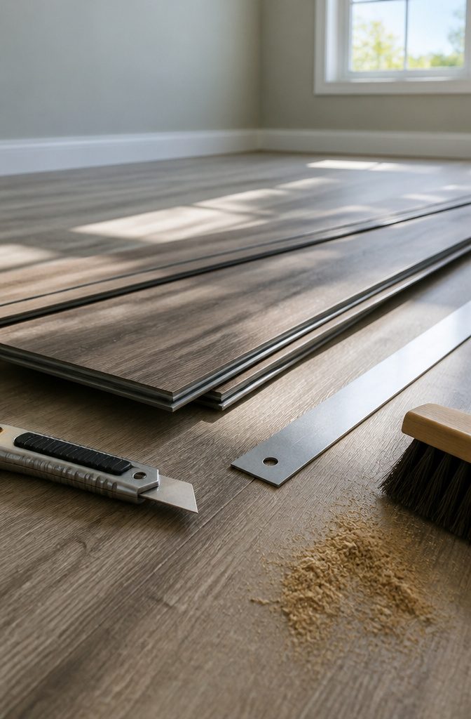 How to Install LVP Flooring: 11 Steps from Acclimation to Final Touches 6 Cut vinyl planks and tools laid out on a clean workspace.
