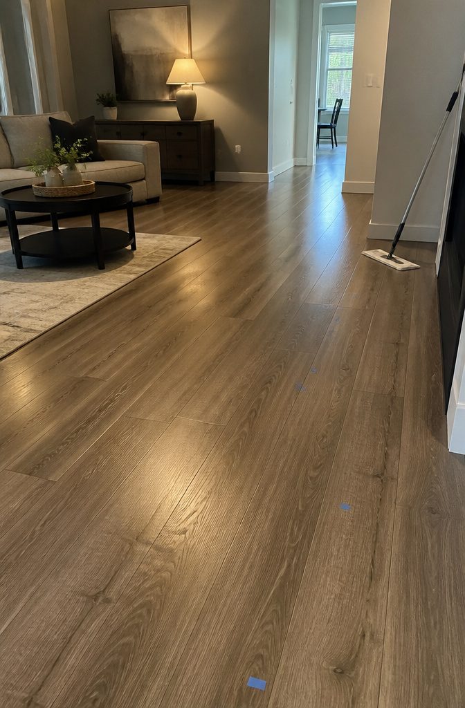 How to Install LVP Flooring: 11 Steps from Acclimation to Final Touches 11 Cleaned vinyl floor with a mop and marked imperfections.