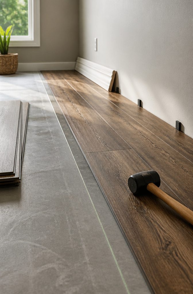 How to Install LVP Flooring: 11 Steps from Acclimation to Final Touches 7 First row of vinyl planks locked in place with spacers.