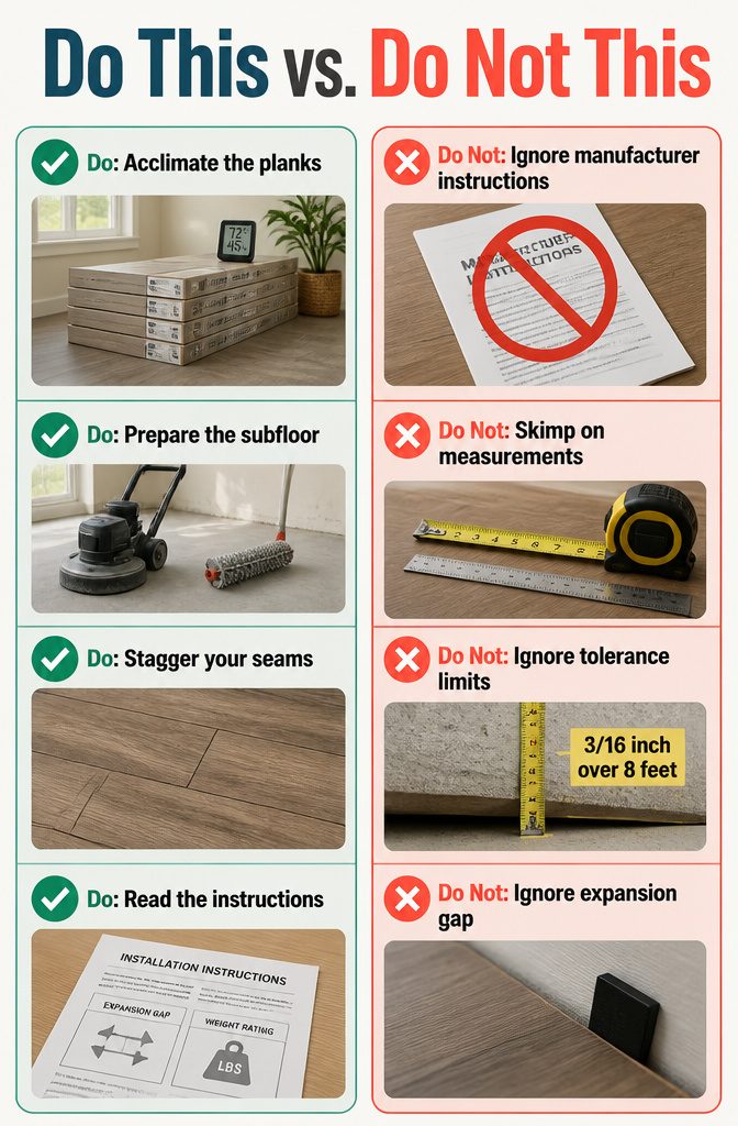 How to Install LVP Flooring: 11 Steps from Acclimation to Final Touches 15 Illustrative comparison of correct and incorrect flooring installation.
