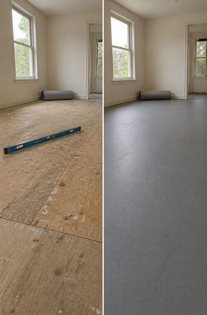 How to Install LVP Flooring: 11 Steps from Acclimation to Final Touches 3 Sanded patches on a clean subfloor ready for vinyl planks.